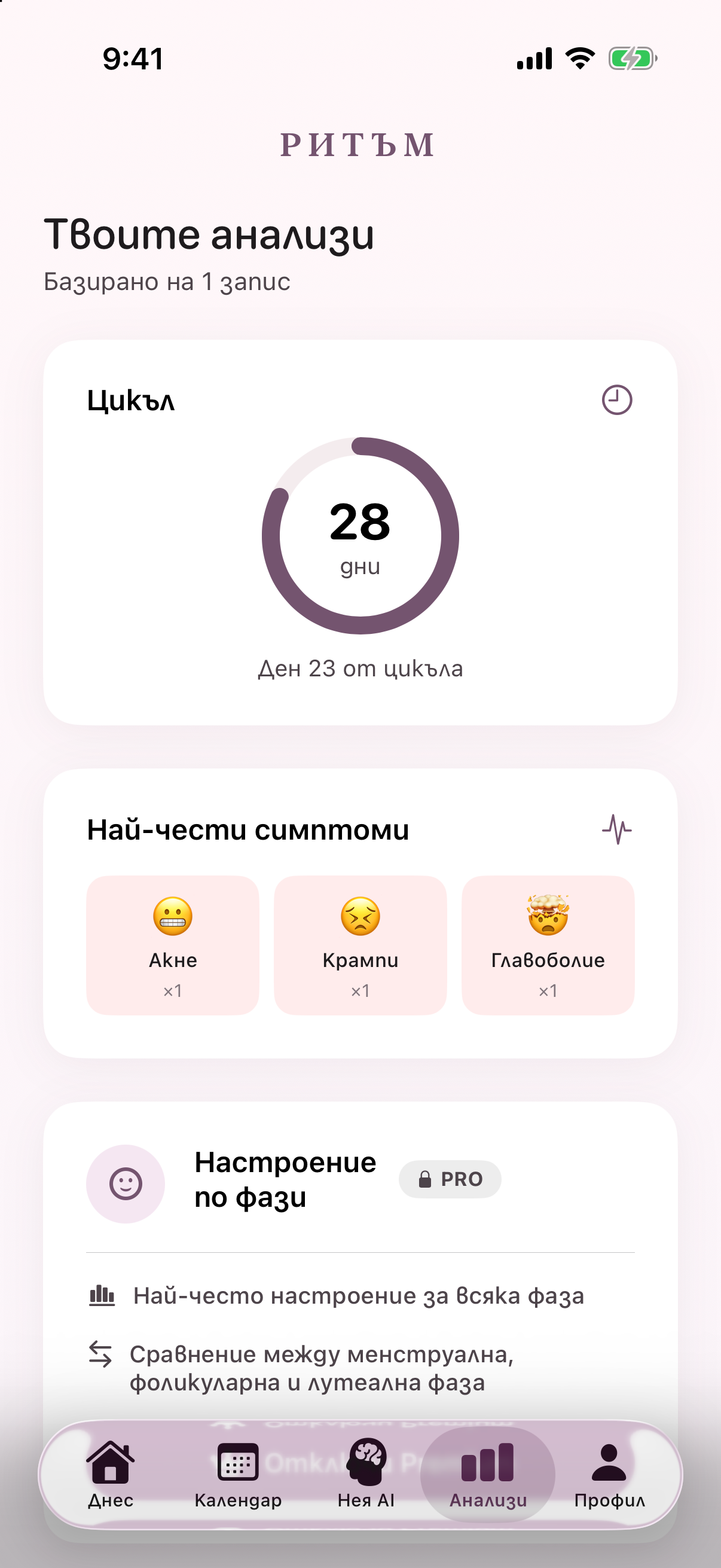 Екран с анализи и Premium функции в Ритъм